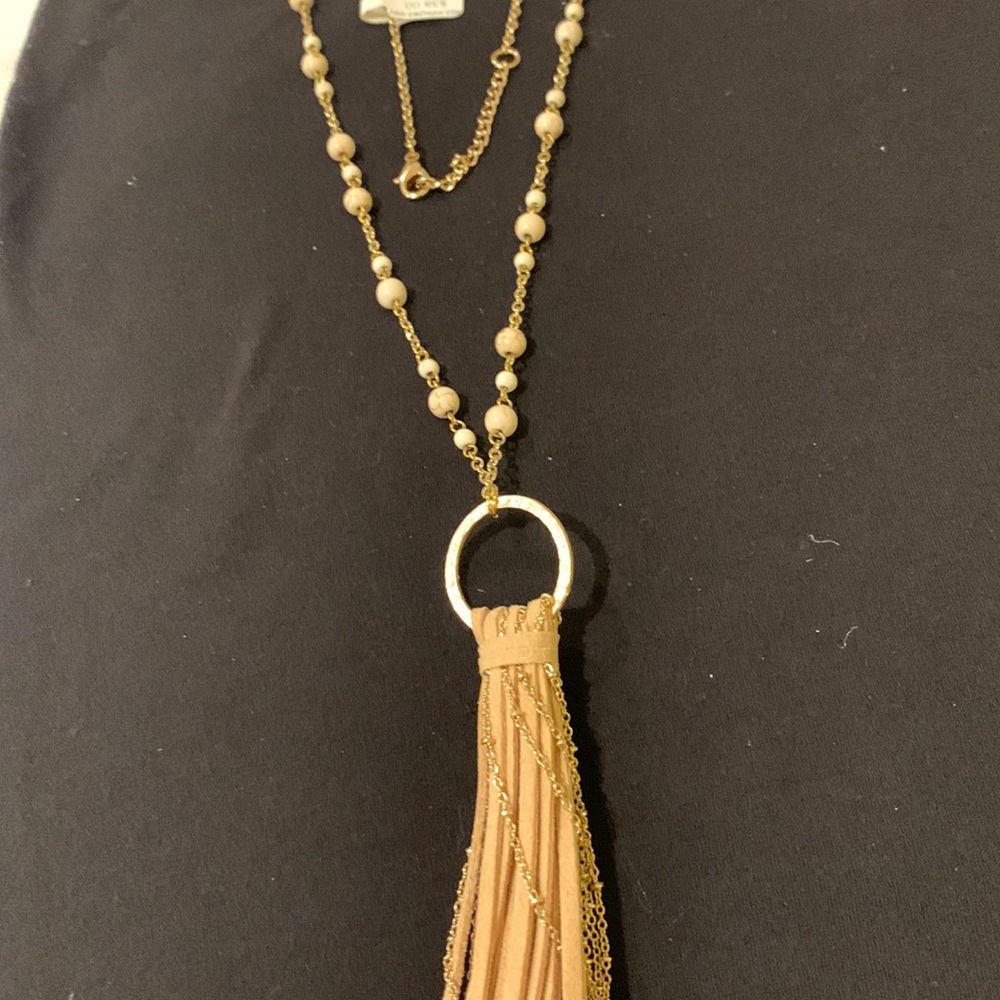 Leather tassel necklace,beads on gold tone chain